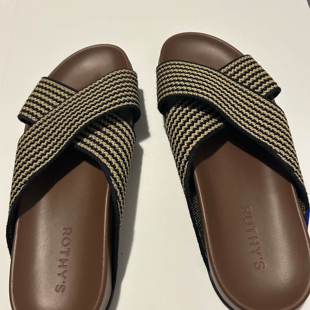 Rothy's Black and Tan Sandals with Criss-Cross Straps